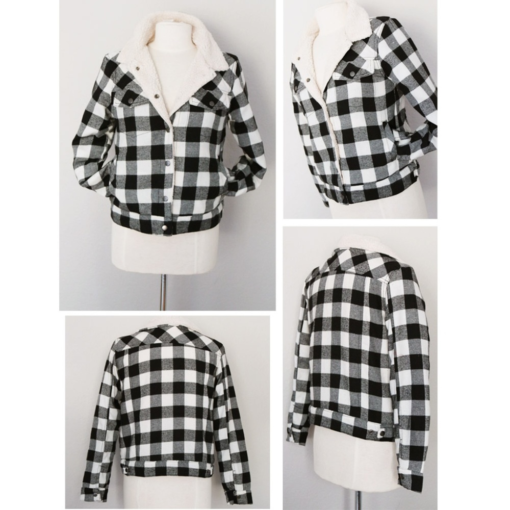 Black Buffalo Plaid Sherpa Trucker Flannel Jacket - Picture 4 of 8